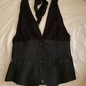 Halter top. Black jean material and lace. Open back.